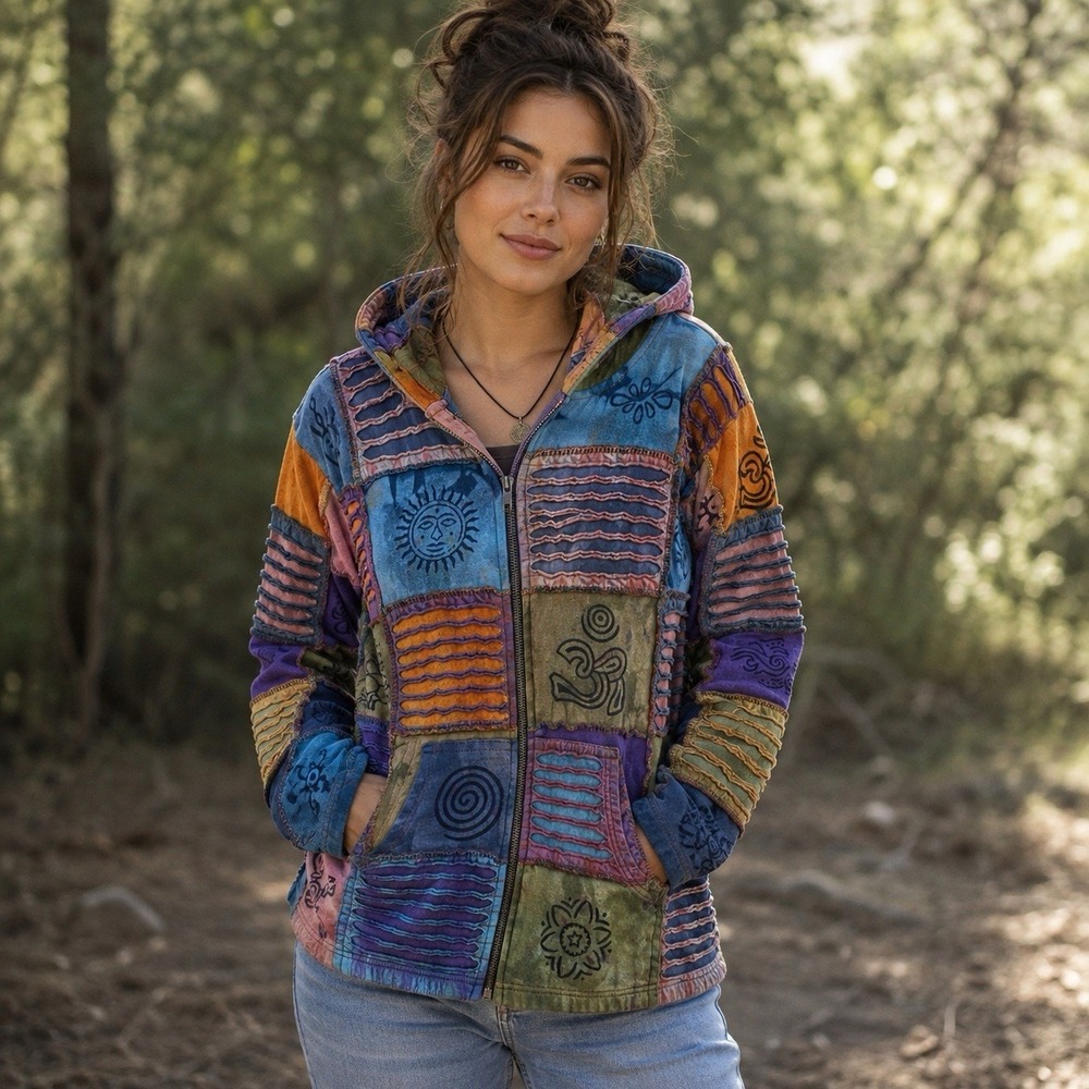Vintage Y2K Rising International Women's XL Patchwork Long Zip Hoodie Jacket